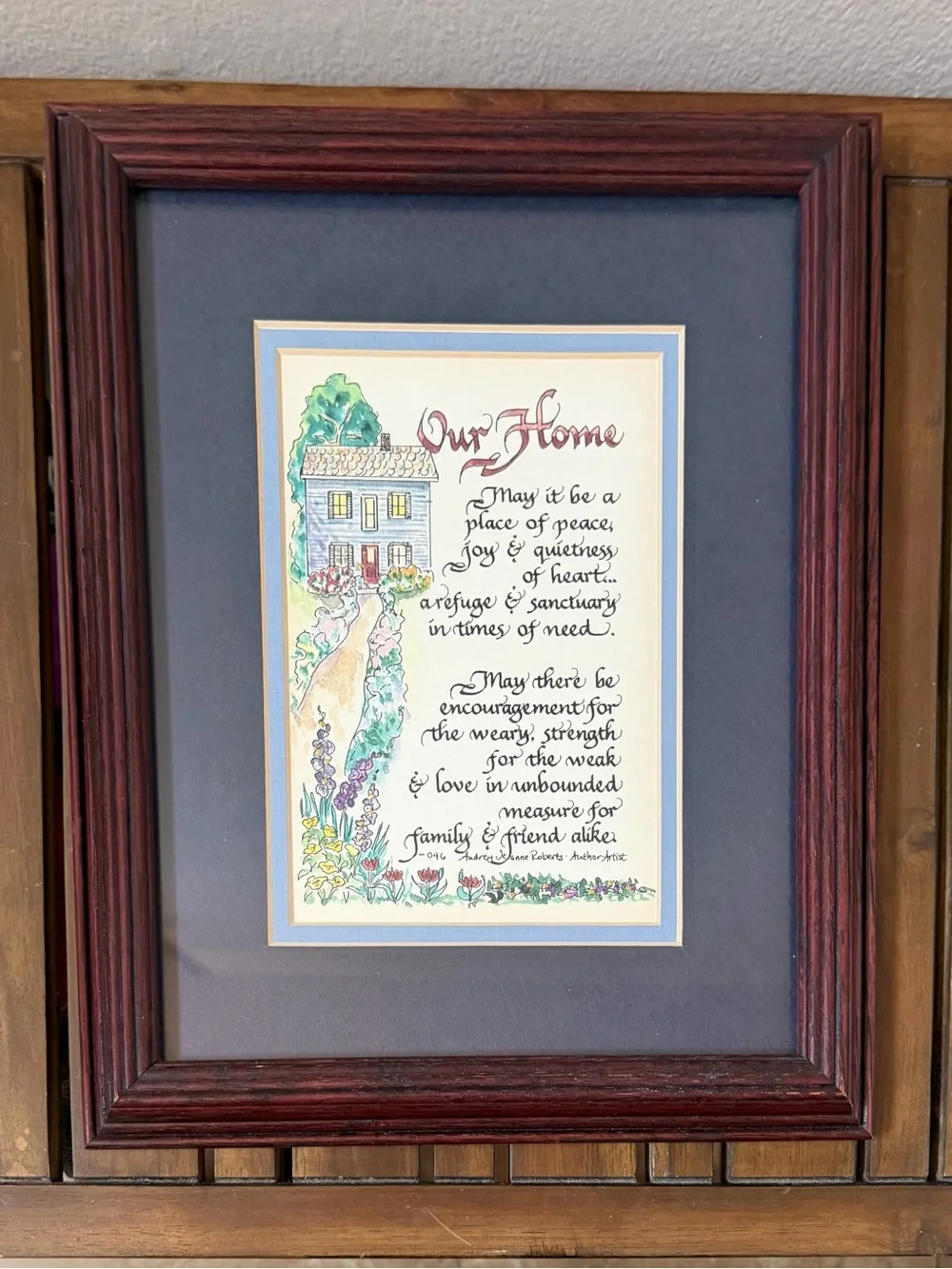 VTG Audrey Jeanne Robert’s Framed 'Our Home' Watercolor Print in Dark Frame